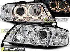 Передние тюнинг фары Audi A6 1999-2001 г.в. ангельские глазки, линза, хром