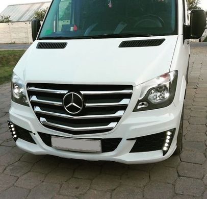 Передний бампер с решеткой Mercedes Sprinter 906 рестайлинг 2013-2017 г.в., Серый грунт (под покраску), Mercedes, Накладка на передний бампер, Требуется, Стеклопластик, Sprinter, Новое, На штатные места, SPRINTER 3-t (906) 2006-