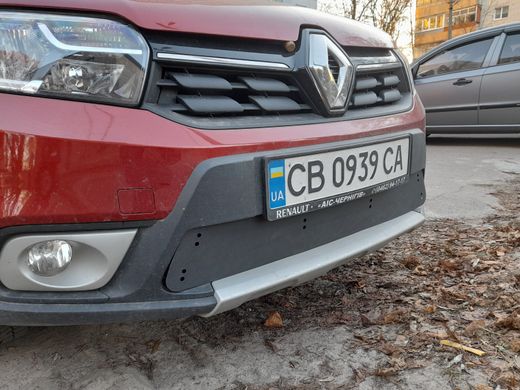 Зимова заглушка решітки переднього бампера Renault Sandero Stepway 2017 р.в. рестайлінг, Черный, Захисні накладки, Renault, Защита переднего бампера, ABS-пластик, Sandero, Новое, На штатные места, Sandero 2014-