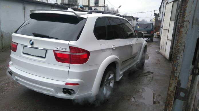 Накладка на задний бампер для BMW X5 E70 2007-2013 г.в. в стиле Hamann Flash, Серый грунт (под покраску), BMW, Накладка на задний бампер, Требуется, Стеклопластик, X5, Новое, На штатные места, X5 (E70) 2007-2012