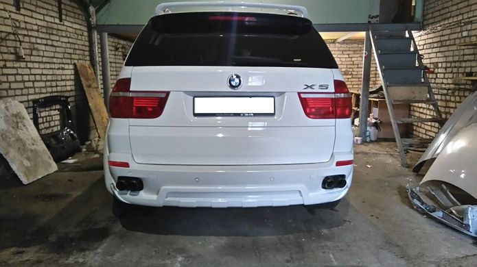 Накладка на задний бампер для BMW X5 E70 2007-2013 г.в. в стиле Hamann Flash, Серый грунт (под покраску), BMW, Накладка на задний бампер, Требуется, Стеклопластик, X5, Новое, На штатные места, X5 (E70) 2007-2012