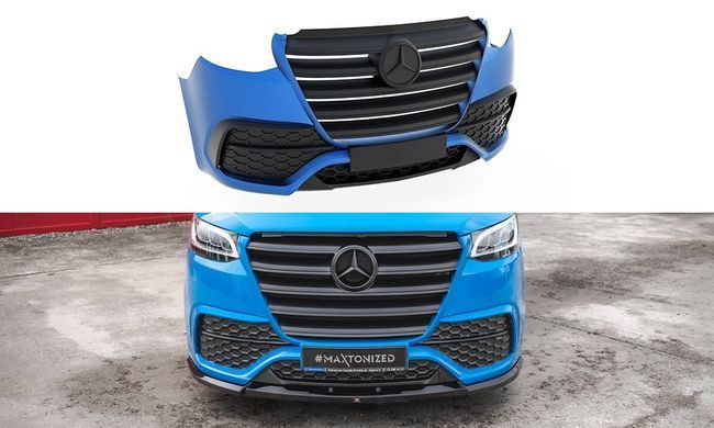 Передній бампер з решіткою Mercedes Sprinter W907 2018-2025р. Спрінтер 907, Серый грунт (под покраску)