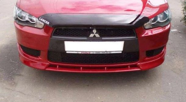 Вставка между клыками, накладка на бампер Mitsubishi Lancer X 2007-2010 г.в. глянец под покраску, Черный, Mitsubishi, Накладка на передний бампер, Требуется, ABS-пластик, Lancer, Новое, На штатные места, LANCER Sedan (CY/Z_A) 2007-